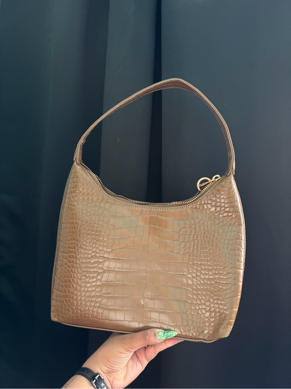 Croc-Embossed Brown Shoulder Bag with Top Strap